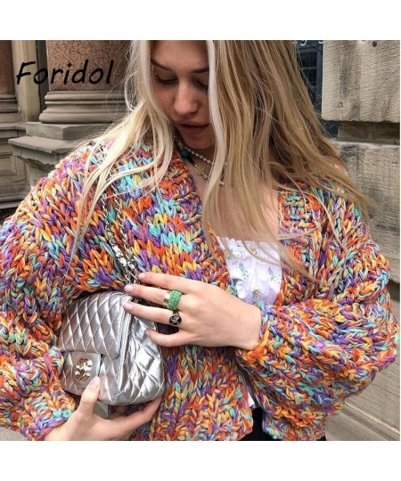 Knitted Rainbow Short Cardigan Women Vintage Lantern Sleeve Femme Autumn Winter Sweater Thick Fashion Cardigan 2023 New $92.0...