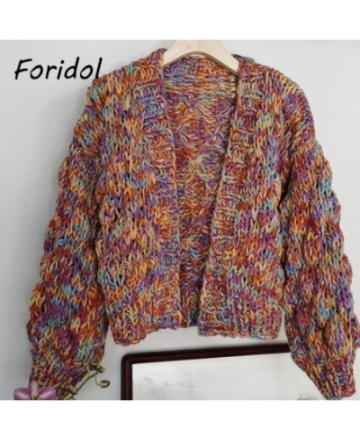 Knitted Rainbow Short Cardigan Women Vintage Lantern Sleeve Femme Autumn Winter Sweater Thick Fashion Cardigan 2023 New $92.0...