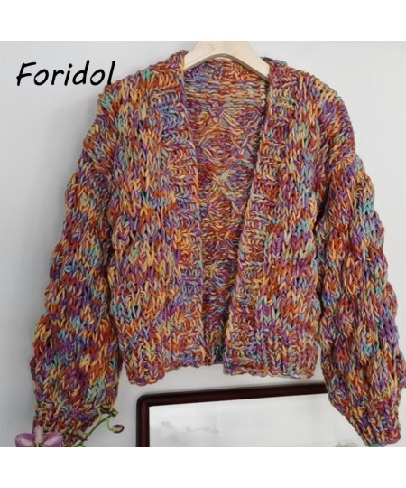 Knitted Rainbow Short Cardigan Women Vintage Lantern Sleeve Femme Autumn Winter Sweater Thick Fashion Cardigan 2023 New $92.0...