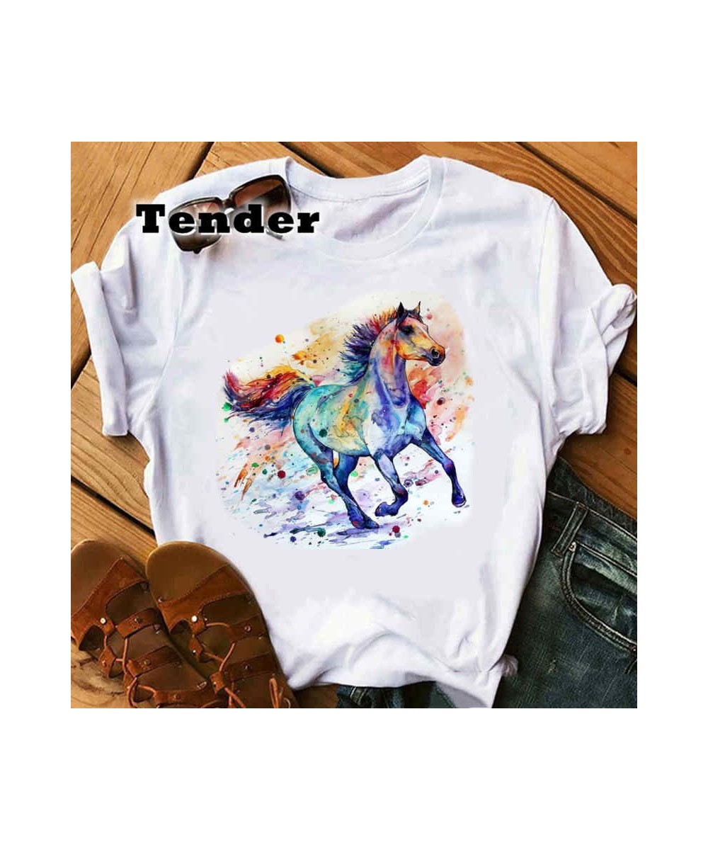 2022 Fashion Watercolor Horse Tshirts White Top Shirt Summer Aesthetics Graphic Short Sleeve Grunge T Shirts Female Streetwea...