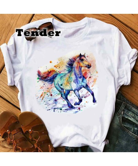 2022 Fashion Watercolor Horse Tshirts White Top Shirt Summer Aesthetics Graphic Short Sleeve Grunge T Shirts Female Streetwea...