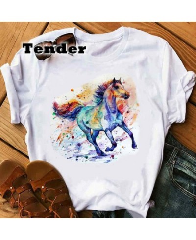 2022 Fashion Watercolor Horse Tshirts White Top Shirt Summer Aesthetics Graphic Short Sleeve Grunge T Shirts Female Streetwea...