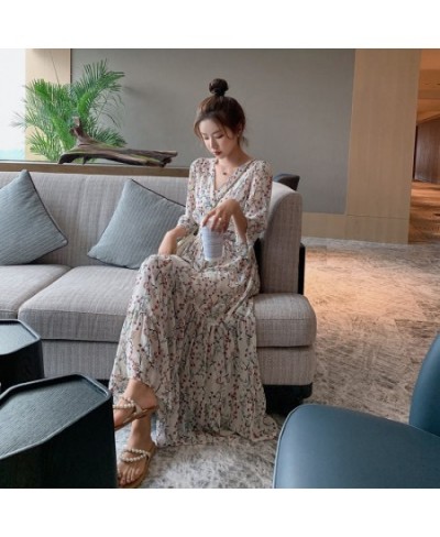 Dresses Women Print Vintage Comfortable Elegant Korean Streetwear Vacation Ladies Tender V-neck Mid-calf Tunic Classy A-line ...