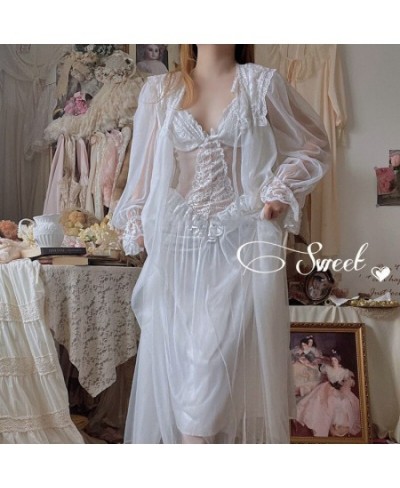 Fairy Vintage Sweet Night Dress Pijamas Women 2Pcs Set Mesh Lace Sexy Korean Dress Female Patchwork Princess Dresses Robe Set...