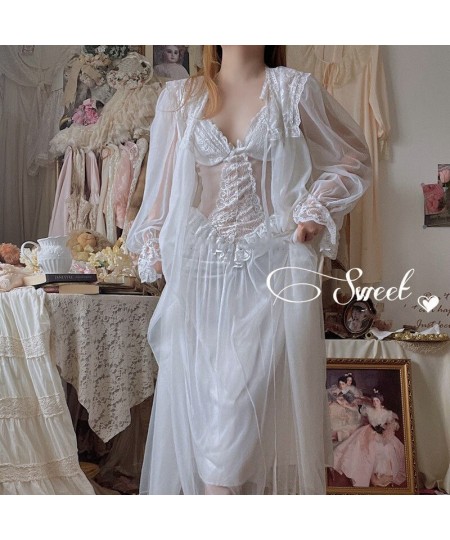 Fairy Vintage Sweet Night Dress Pijamas Women 2Pcs Set Mesh Lace Sexy Korean Dress Female Patchwork Princess Dresses Robe Set...