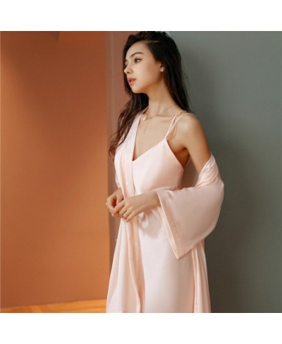 2PCS Women Solid Kimono Robe Sets Sexy V-Neck Nightgown Loose Lingerie Bathrobe Bride Dressing Gown Sleepwear Home Wear M-XL ...