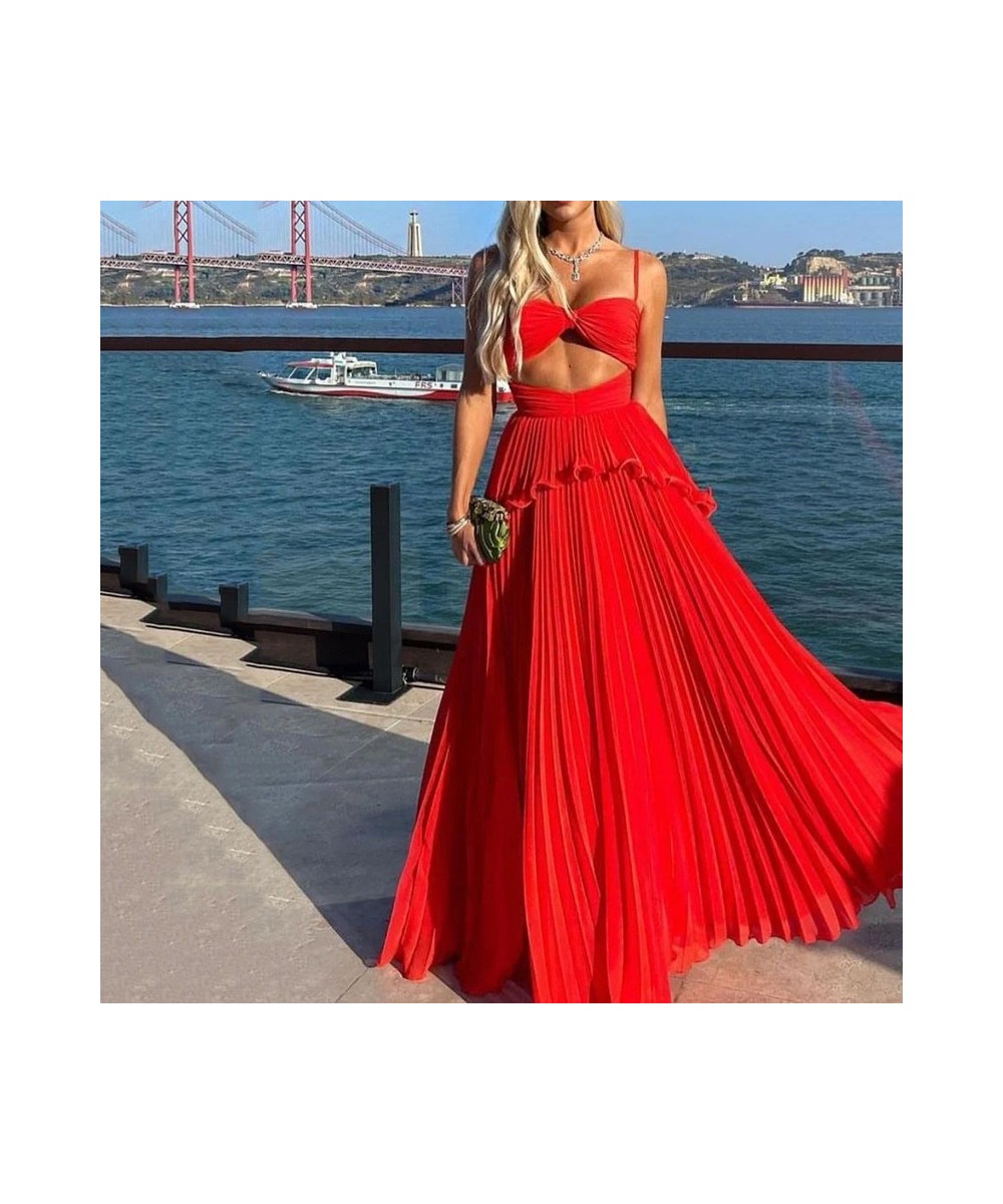 Women Maxi Dress Fashion Solid Suspender Sleeveless V Neck Open Waist Slim Backless Pleated Evening Dresses Streetwear $45.44...