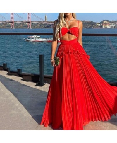 Women Maxi Dress Fashion Solid Suspender Sleeveless V Neck Open Waist Slim Backless Pleated Evening Dresses Streetwear $45.44...