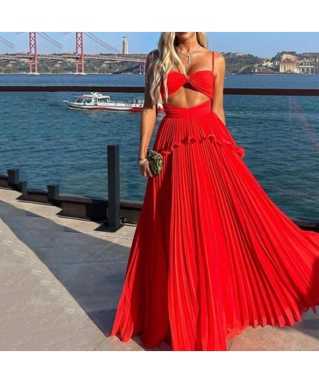 Women Maxi Dress Fashion Solid Suspender Sleeveless V Neck Open Waist Slim Backless Pleated Evening Dresses Streetwear $45.44...