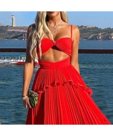 Women Maxi Dress Fashion Solid Suspender Sleeveless V Neck Open Waist Slim Backless Pleated Evening Dresses Streetwear $45.44...