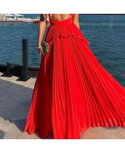 Women Maxi Dress Fashion Solid Suspender Sleeveless V Neck Open Waist Slim Backless Pleated Evening Dresses Streetwear $45.44...