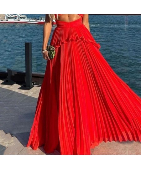 Women Maxi Dress Fashion Solid Suspender Sleeveless V Neck Open Waist Slim Backless Pleated Evening Dresses Streetwear $45.44...