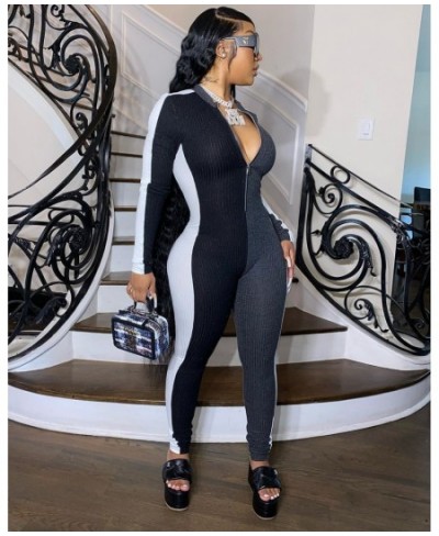 Fashion Patchwork Sporty Long Sleeve Jumpsuits Fitness Zipper Casual Workout Bodycon Rompers Womens Jumpsuit Outfits Active $...