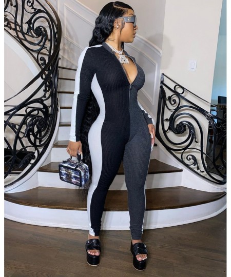 Fashion Patchwork Sporty Long Sleeve Jumpsuits Fitness Zipper Casual Workout Bodycon Rompers Womens Jumpsuit Outfits Active $...