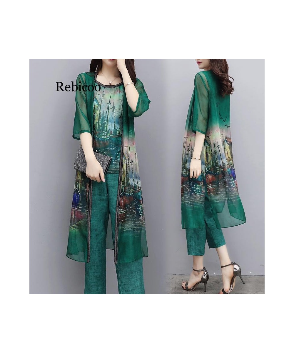 women's summer chiffon floral tops long cardigan + wide-leg pants trousers casual fashion suit women $65.30 - Suits & Sets