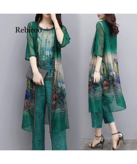 women's summer chiffon floral tops long cardigan + wide-leg pants trousers casual fashion suit women $65.30 - Suits & Sets