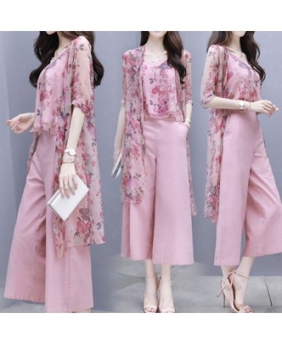 women's summer chiffon floral tops long cardigan + wide-leg pants trousers casual fashion suit women $65.30 - Suits & Sets