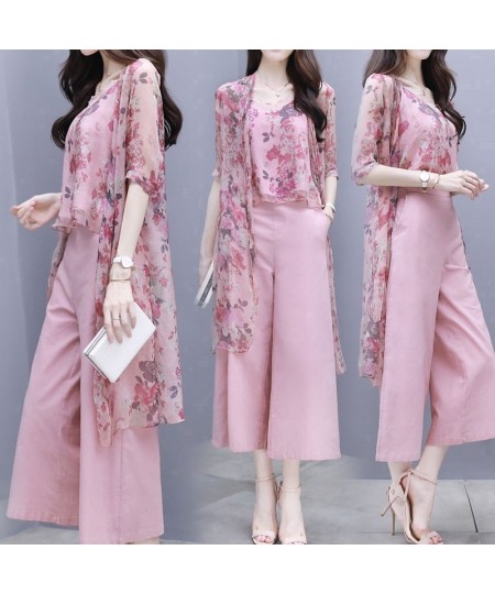 women's summer chiffon floral tops long cardigan + wide-leg pants trousers casual fashion suit women $65.30 - Suits & Sets