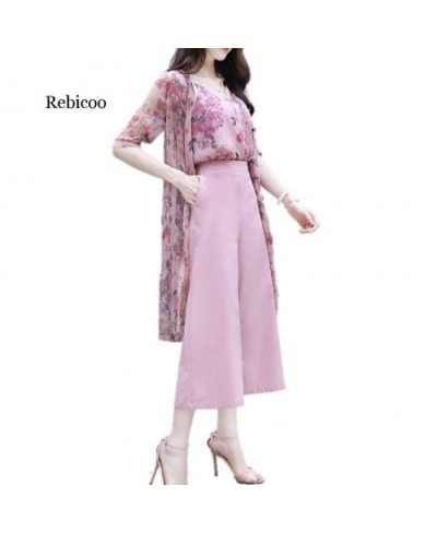 women's summer chiffon floral tops long cardigan + wide-leg pants trousers casual fashion suit women $65.30 - Suits & Sets