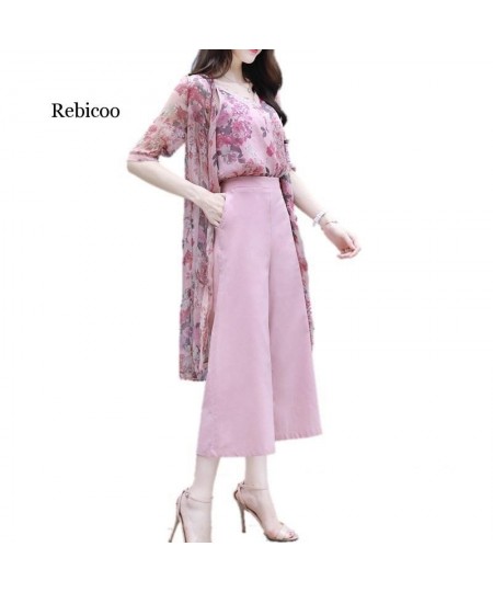 women's summer chiffon floral tops long cardigan + wide-leg pants trousers casual fashion suit women $65.30 - Suits & Sets