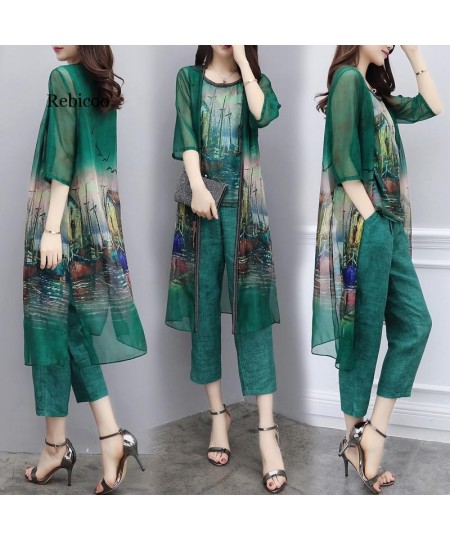 women's summer chiffon floral tops long cardigan + wide-leg pants trousers casual fashion suit women $65.30 - Suits & Sets