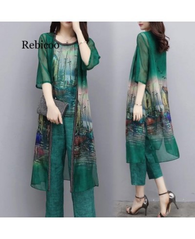 women's summer chiffon floral tops long cardigan + wide-leg pants trousers casual fashion suit women $65.30 - Suits & Sets