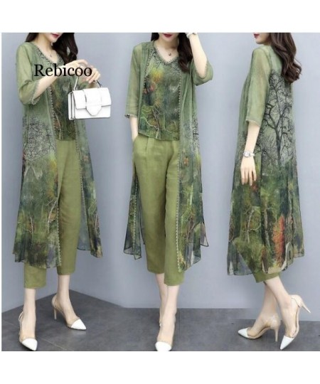 women's summer chiffon floral tops long cardigan + wide-leg pants trousers casual fashion suit women $65.30 - Suits & Sets