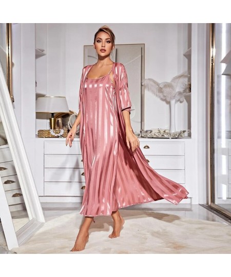 Women's Sexy Pajamas Pink Satin Stripe Printing Robe 2-Piece Set Long Bathrobe Kimono Lingerie Luxury Strap V-neck Nightdress...