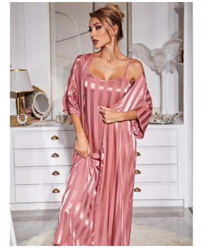 Women's Sexy Pajamas Pink Satin Stripe Printing Robe 2-Piece Set Long Bathrobe Kimono Lingerie Luxury Strap V-neck Nightdress...