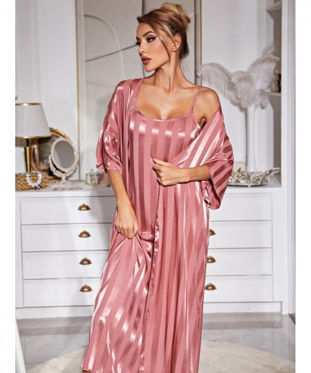 Women's Sexy Pajamas Pink Satin Stripe Printing Robe 2-Piece Set Long Bathrobe Kimono Lingerie Luxury Strap V-neck Nightdress...