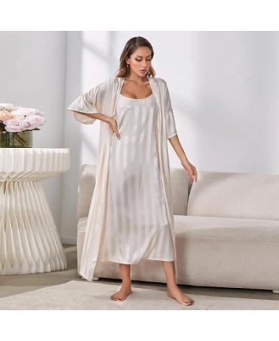 Women's Sexy Pajamas Pink Satin Stripe Printing Robe 2-Piece Set Long Bathrobe Kimono Lingerie Luxury Strap V-neck Nightdress...