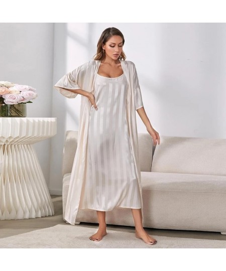 Women's Sexy Pajamas Pink Satin Stripe Printing Robe 2-Piece Set Long Bathrobe Kimono Lingerie Luxury Strap V-neck Nightdress...