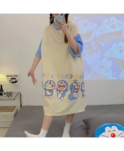 Summer Women Night Dress Sleepwear Korean Loose Girls Dresses Cartoon Doraemon Silky Fabric Women's Short-sleeve Nightdress $...