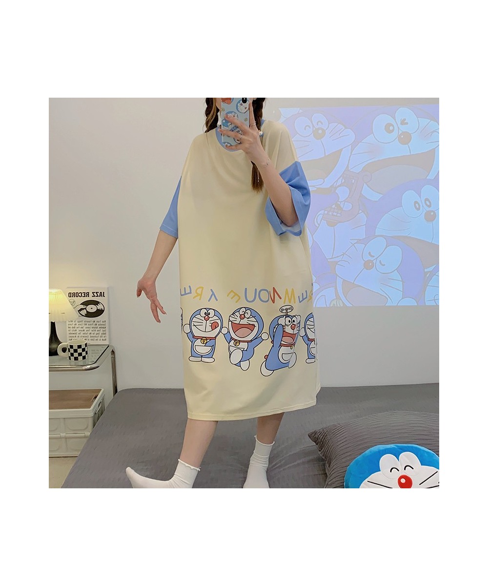 Summer Women Night Dress Sleepwear Korean Loose Girls Dresses Cartoon Doraemon Silky Fabric Women's Short-sleeve Nightdress $...