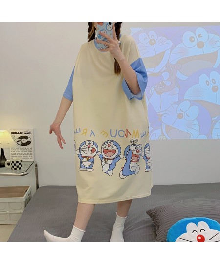 Summer Women Night Dress Sleepwear Korean Loose Girls Dresses Cartoon Doraemon Silky Fabric Women's Short-sleeve Nightdress $...