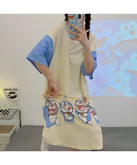 Summer Women Night Dress Sleepwear Korean Loose Girls Dresses Cartoon Doraemon Silky Fabric Women's Short-sleeve Nightdress $...