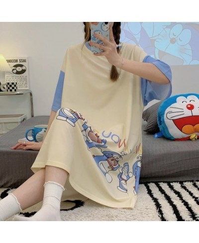 Summer Women Night Dress Sleepwear Korean Loose Girls Dresses Cartoon Doraemon Silky Fabric Women's Short-sleeve Nightdress $...