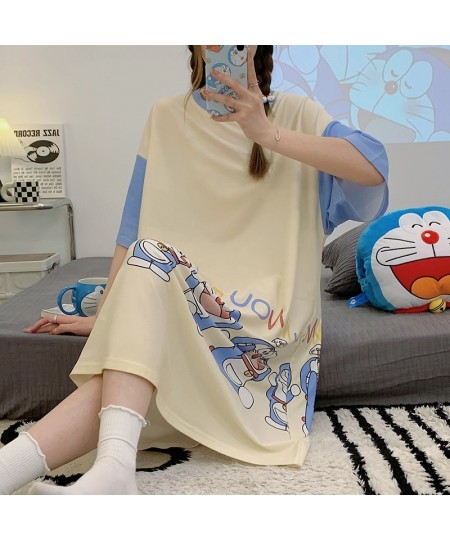 Summer Women Night Dress Sleepwear Korean Loose Girls Dresses Cartoon Doraemon Silky Fabric Women's Short-sleeve Nightdress $...