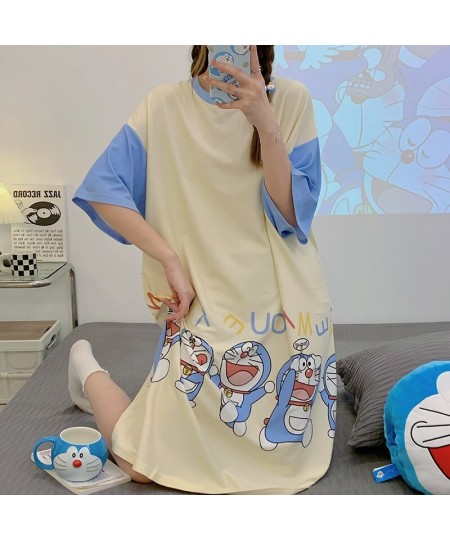 Summer Women Night Dress Sleepwear Korean Loose Girls Dresses Cartoon Doraemon Silky Fabric Women's Short-sleeve Nightdress $...