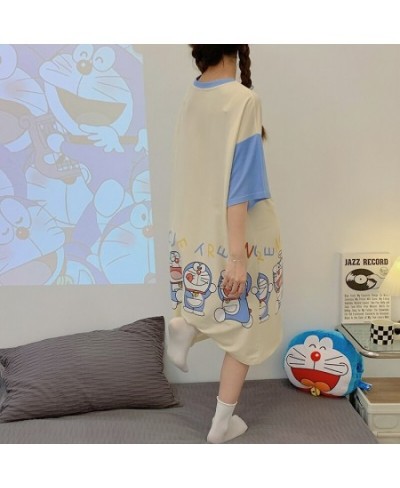 Summer Women Night Dress Sleepwear Korean Loose Girls Dresses Cartoon Doraemon Silky Fabric Women's Short-sleeve Nightdress $...