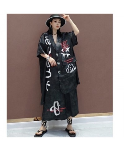 2023 Summer Short Sleeve Printing Lapel Shirt + Elastic Waist Leisure Wide Leg Pants Sets Black Apricot Women's LHX3973 $96.0...