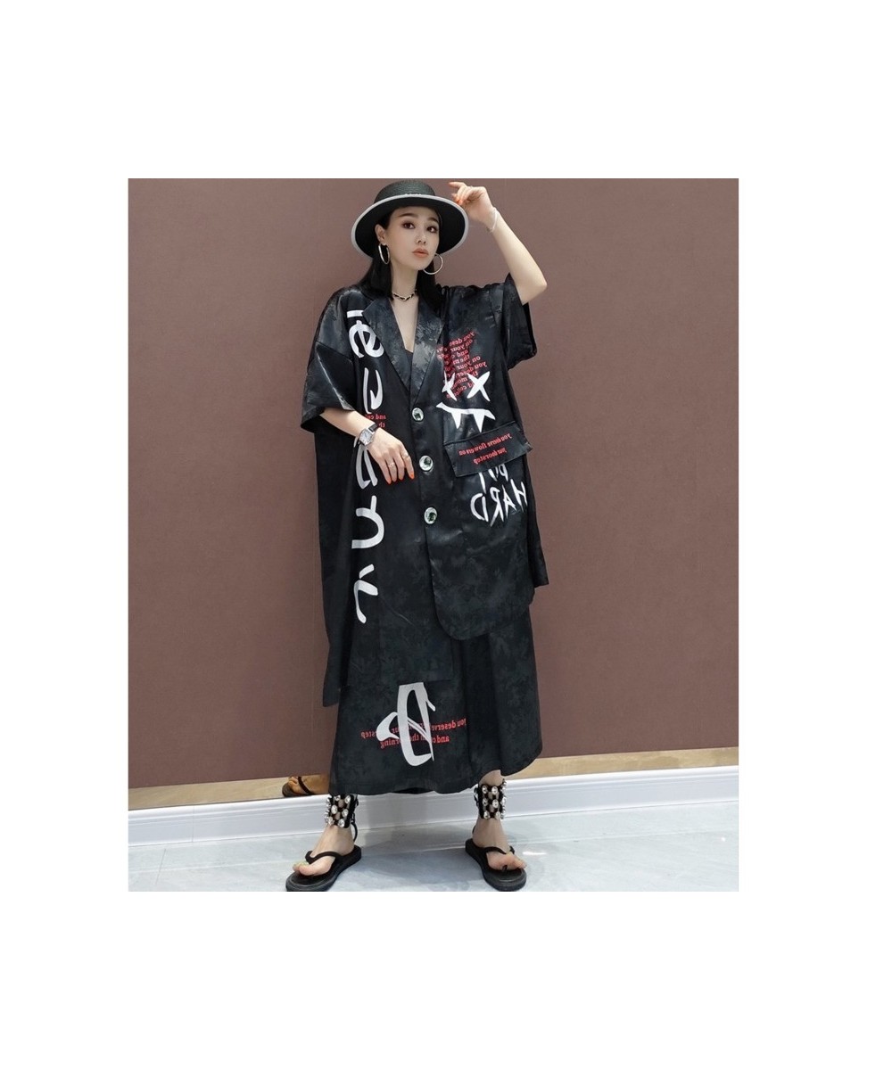 2023 Summer Short Sleeve Printing Lapel Shirt + Elastic Waist Leisure Wide Leg Pants Sets Black Apricot Women's LHX3973 $96.0...