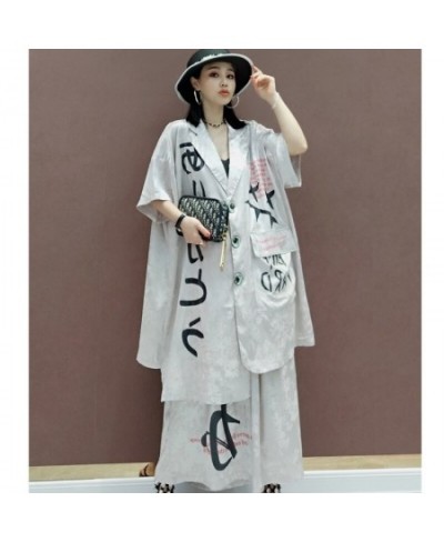 2023 Summer Short Sleeve Printing Lapel Shirt + Elastic Waist Leisure Wide Leg Pants Sets Black Apricot Women's LHX3973 $96.0...