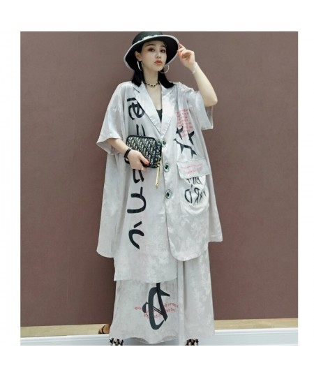 2023 Summer Short Sleeve Printing Lapel Shirt + Elastic Waist Leisure Wide Leg Pants Sets Black Apricot Women's LHX3973 $96.0...