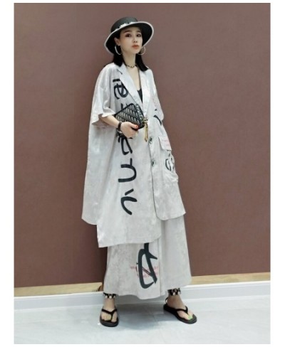 2023 Summer Short Sleeve Printing Lapel Shirt + Elastic Waist Leisure Wide Leg Pants Sets Black Apricot Women's LHX3973 $96.0...