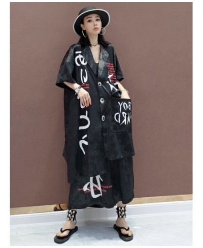 2023 Summer Short Sleeve Printing Lapel Shirt + Elastic Waist Leisure Wide Leg Pants Sets Black Apricot Women's LHX3973 $96.0...