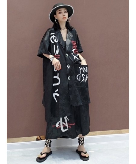 2023 Summer Short Sleeve Printing Lapel Shirt + Elastic Waist Leisure Wide Leg Pants Sets Black Apricot Women's LHX3973 $96.0...