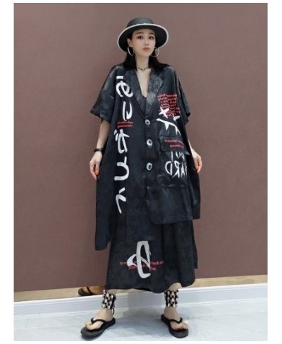 2023 Summer Short Sleeve Printing Lapel Shirt + Elastic Waist Leisure Wide Leg Pants Sets Black Apricot Women's LHX3973 $96.0...