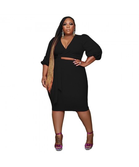 Plus Size Two Piece Set Women Wholesale Solid Color Casual Two-piece Women's Fitted V-Neck Top Skirt $38.98 - Plus Size Clothes