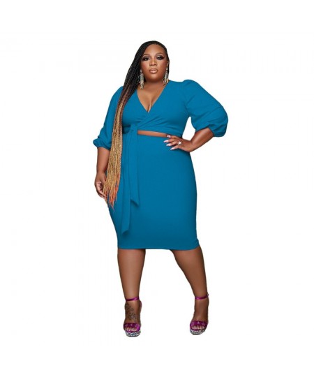 Plus Size Two Piece Set Women Wholesale Solid Color Casual Two-piece Women's Fitted V-Neck Top Skirt $38.98 - Plus Size Clothes